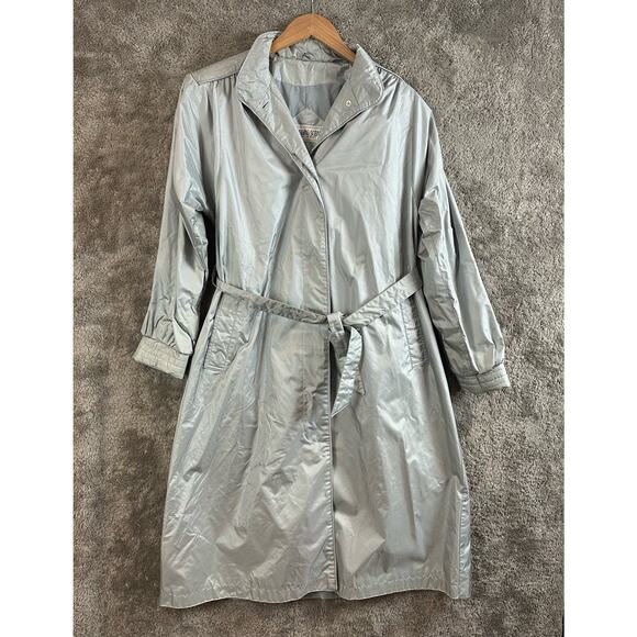 Vintage 80s Changing Scene Silver Nylon Raincoat Belted Trench Coat 12 L Large - Picture 2 of 13